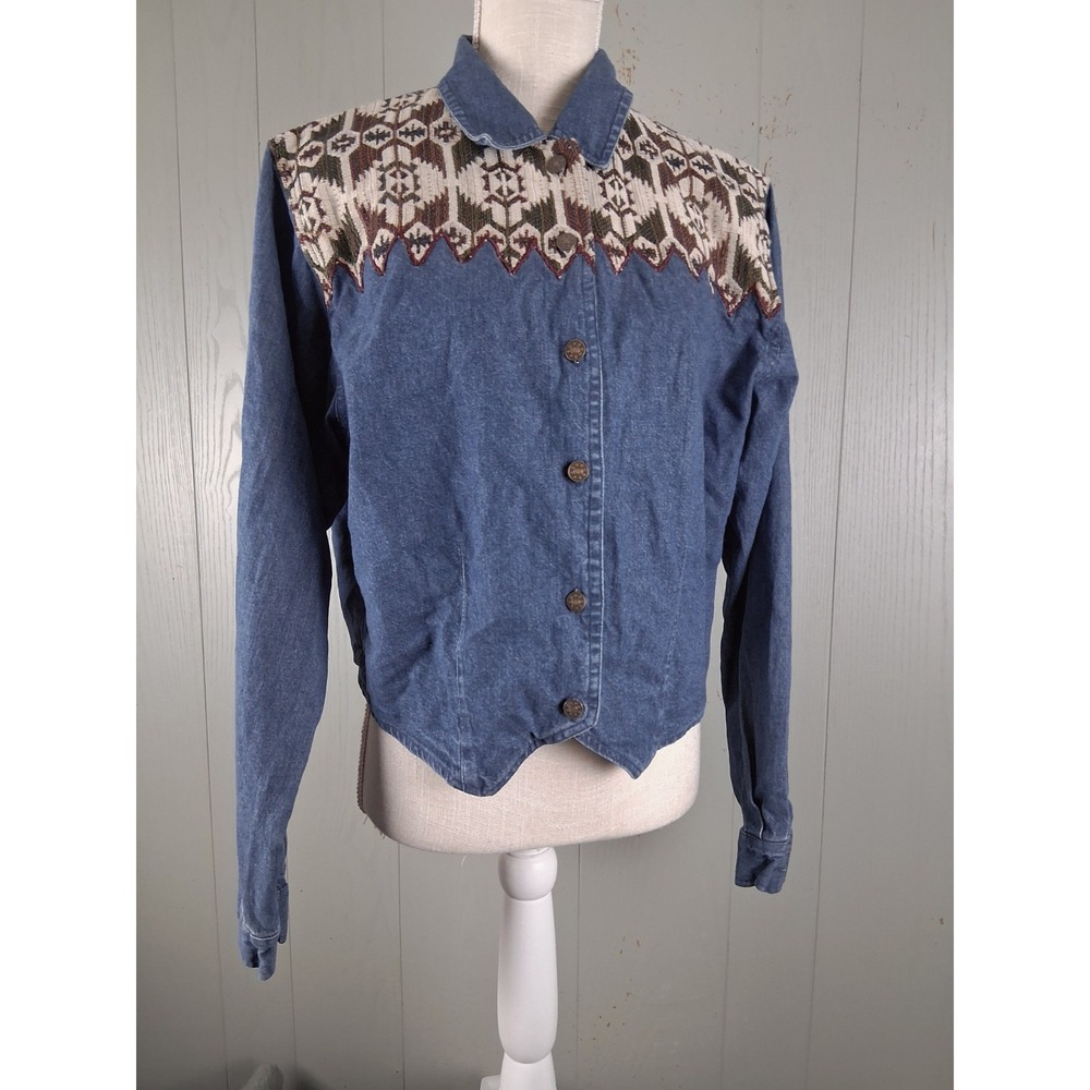 Vintage 90s Adobe Rose Denim Shirt Womens XL Western Tapestry Rodeo Cowgirl Crop